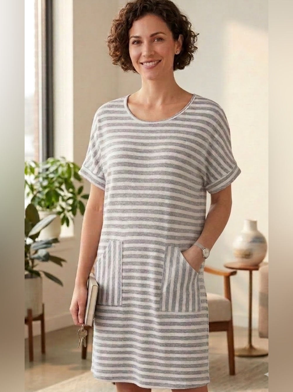Ultra Soft Striped Gray and White Dress w/ Pockets